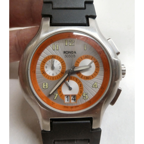 36 - A Ronda stainless steel cased wristwatch, faced by an Arabic dial with three subsidiaries and a date... 