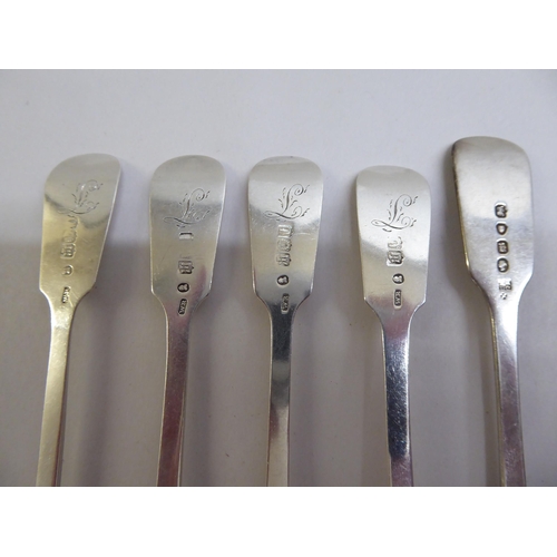 68 - A matched set of ten silver fiddle pattern table forks  mixed marks