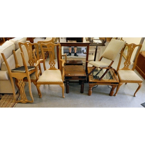 72 - Small furniture: to include a set of four Edwardian beech framed, splat back dining chairs, raised o... 