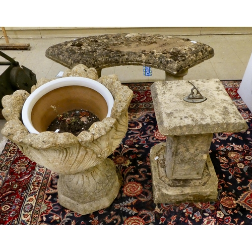 77 - Composition garden stoneware: to include a three-part, twin pedestal curved bench  19