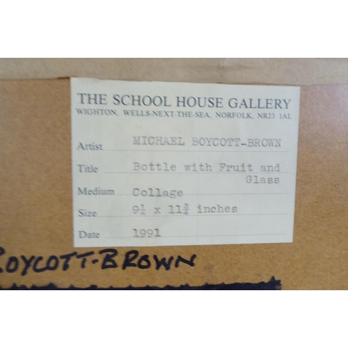 1 - Michael Boycott-Brown - 'Bottle with Fruit and Cigars'  collage  bears initials, dated May... 