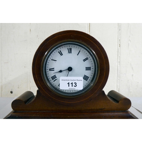 113 - An Edwardian mahogany mantel timepiece; the movement faced by a Roman dial  8