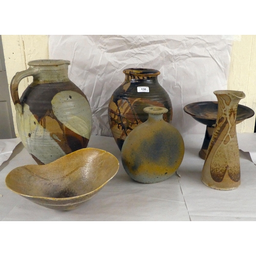 130 - Six items of studio pottery, some bearing character marks: to include vases, bowls and jugs