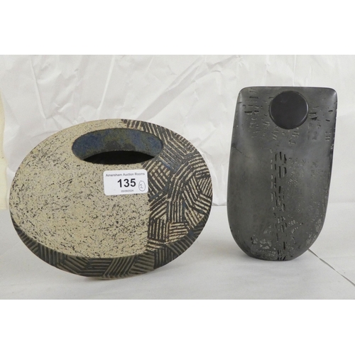 135 - Two items of studio pottery, viz. a two tone, spherical vase  5.5