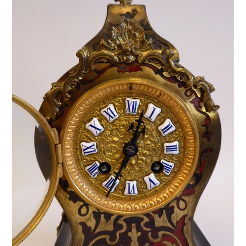 153 - A late 19thC French black lacquered and boulleworked cased mantel clock of waisted, balloon form; th... 