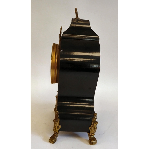 153 - A late 19thC French black lacquered and boulleworked cased mantel clock of waisted, balloon form; th... 