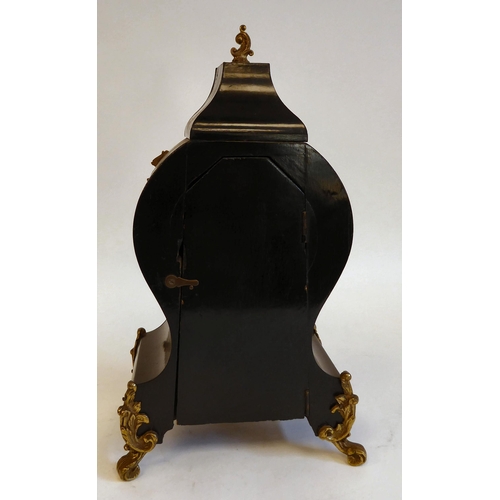 153 - A late 19thC French black lacquered and boulleworked cased mantel clock of waisted, balloon form; th... 