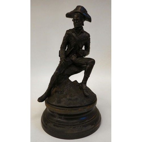 158 - After Rancoulet - a cast and patinated bronze figure, an 18thC soldier wearing a tricorn hat, seated... 