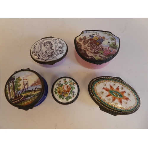 159 - Five 19thC coloured enamel patch boxes, variously decorated and inscribed on the lids: to include 'M... 