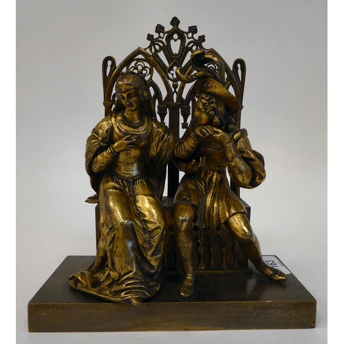 163 - A 19thC gilt bronze group, featuring a couple wearing 17thC costume, seated on a throne  8