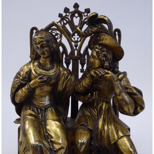 163 - A 19thC gilt bronze group, featuring a couple wearing 17thC costume, seated on a throne  8