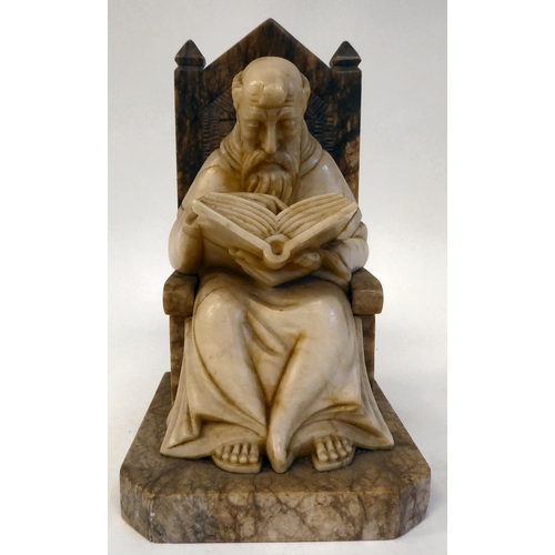 168 - A 19thC carved alabaster figure, depicting a bearded monk, seated on a throne chair, studying a book... 