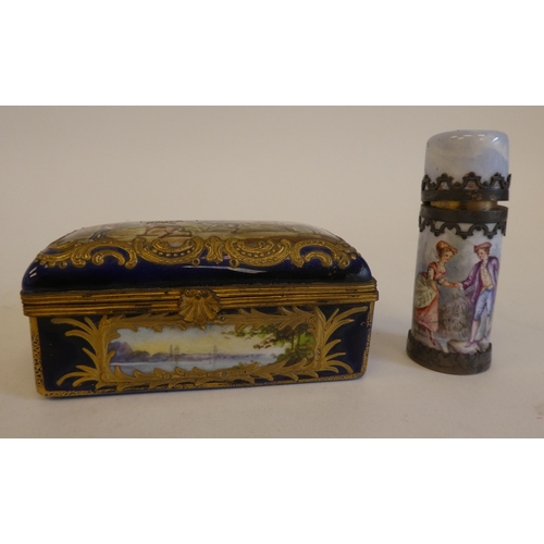 169 - A 19thC enamelled, painted and gilded, oblong patch box, the hinged lid depicting a huntsman and hou... 