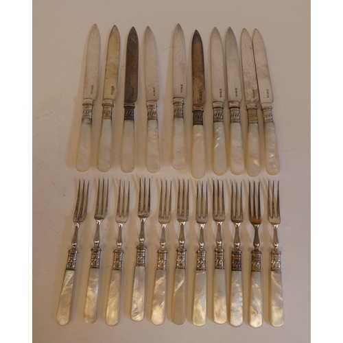 171 - A set of ten silver plated fruit knives and forks with mother-of-pearl handles