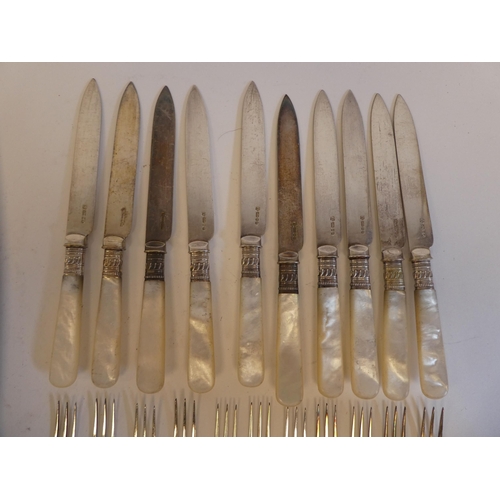 171 - A set of ten silver plated fruit knives and forks with mother-of-pearl handles