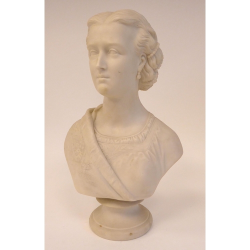 173 - A 19thC Copeland Parianware bust, a regal young woman  bears an impressed & indistinctly in... 