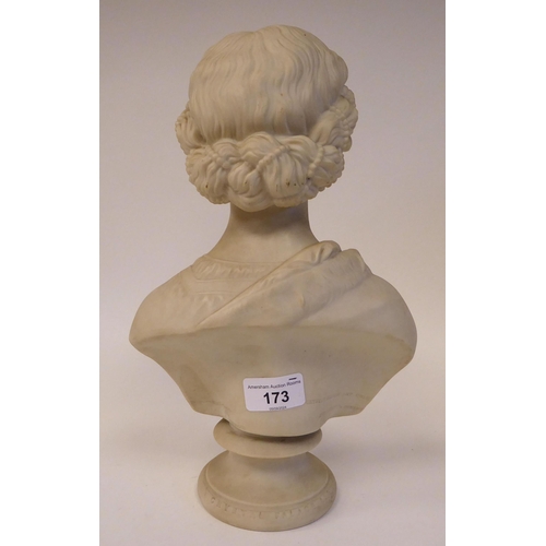 173 - A 19thC Copeland Parianware bust, a regal young woman  bears an impressed & indistinctly in... 