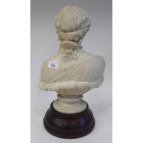 174 - A late 19thC Parianware bust, a young woman wearing a classical costume, her hair in ringlets  ... 