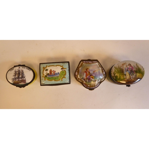 177 - Four various 19th and early 20thC patch boxes: to include HMS Victory; and a courting couple, in a g... 