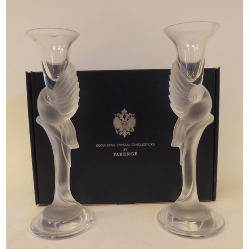 178 - A pair of Faberge Snow Dove crystal candlesticks, left and right  bearing etched marks  9