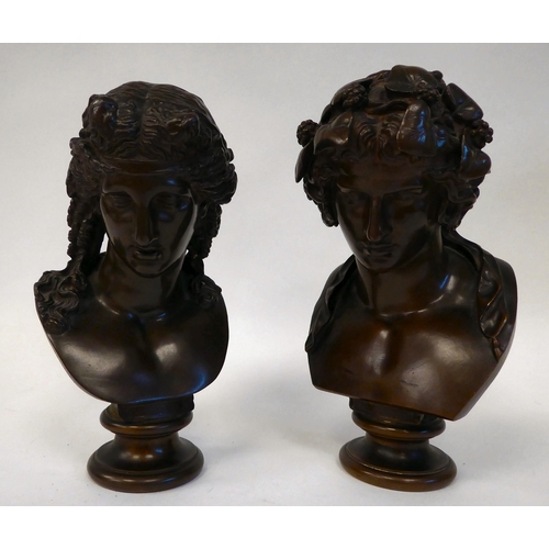 193 - After Barbedienne - a pair of cast and patinated bronze busts, young women, one with her hair in rin... 