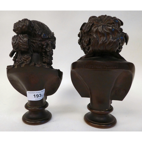 193 - After Barbedienne - a pair of cast and patinated bronze busts, young women, one with her hair in rin... 