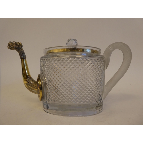 254 - A 19thC teapot with a gilded band lid, a part-frosted handle, fashioned as a serpent and the spout a... 