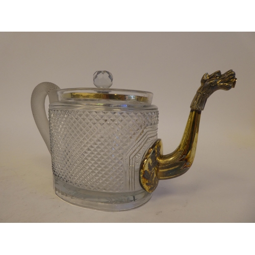 254 - A 19thC teapot with a gilded band lid, a part-frosted handle, fashioned as a serpent and the spout a... 