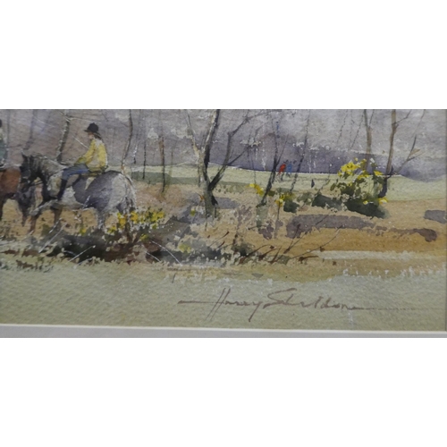 260 - Harry Sheldon - two young women on horseback, in a woodland setting  watercolour  bears a ... 