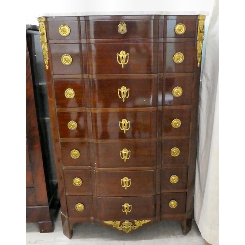 274 - A modern Louis XVI design mahogany commode with a marble top, over seven long drawers with ormolu mo... 