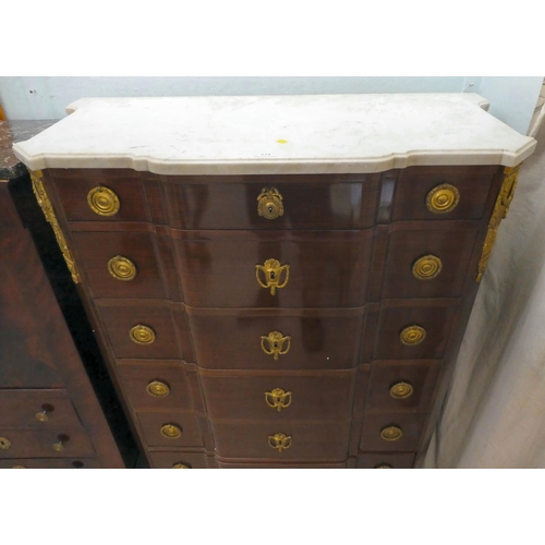 274 - A modern Louis XVI design mahogany commode with a marble top, over seven long drawers with ormolu mo... 