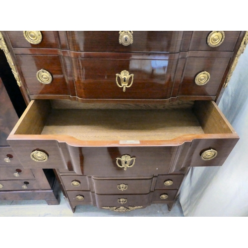 274 - A modern Louis XVI design mahogany commode with a marble top, over seven long drawers with ormolu mo... 