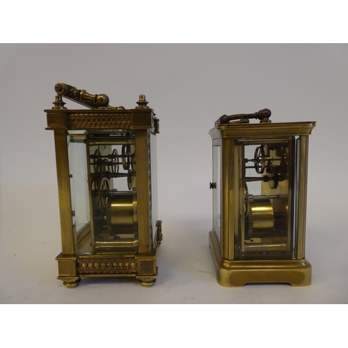 281 - Two 20thC lacquered brass and bevelled glass cased carriage timepieces, one faced by a Roman dial, t... 