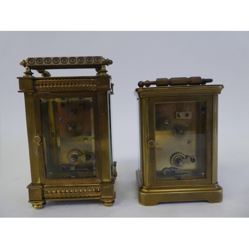 281 - Two 20thC lacquered brass and bevelled glass cased carriage timepieces, one faced by a Roman dial, t... 