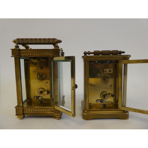 281 - Two 20thC lacquered brass and bevelled glass cased carriage timepieces, one faced by a Roman dial, t... 