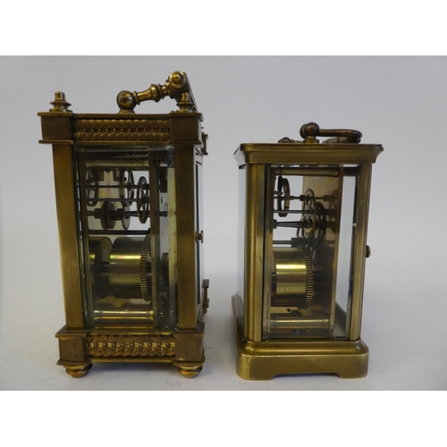 281 - Two 20thC lacquered brass and bevelled glass cased carriage timepieces, one faced by a Roman dial, t... 