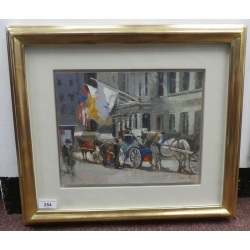 284 - Jane Corsellis - 'Outside the Plaza'  oil on canvas  bears a signature & The New Acade... 