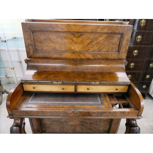 293 - A late Victorian walnut piano Davenport, the box top section with a rising panel, enclosing a pigeon... 