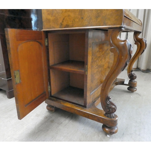 293 - A late Victorian walnut piano Davenport, the box top section with a rising panel, enclosing a pigeon... 