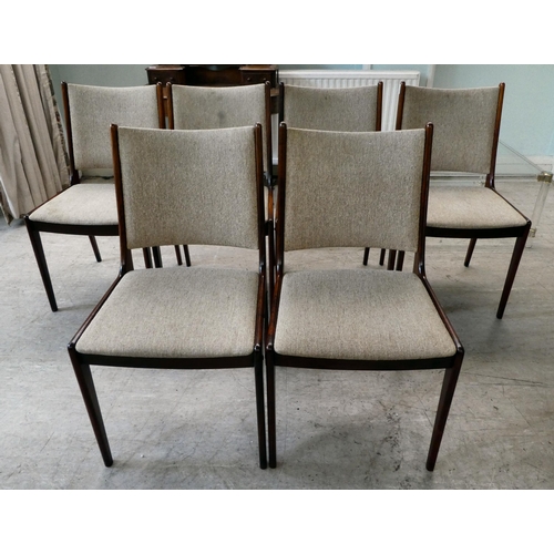 295 - A set of six mid 20thC Danish Uldum Mobelfabrik rosewood framed dining chairs with beige fabric upho... 