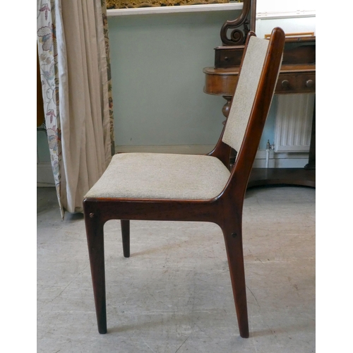 295 - A set of six mid 20thC Danish Uldum Mobelfabrik rosewood framed dining chairs with beige fabric upho... 