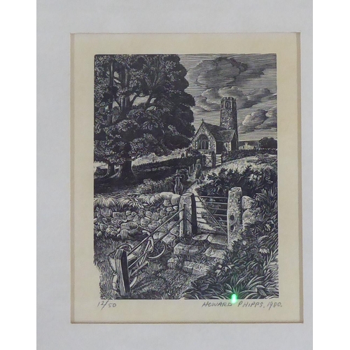 62 - After Howard Phipps - 'A Figure on a Churchyard Path'  Limited Edition 12/50 monochrome print  bears... 