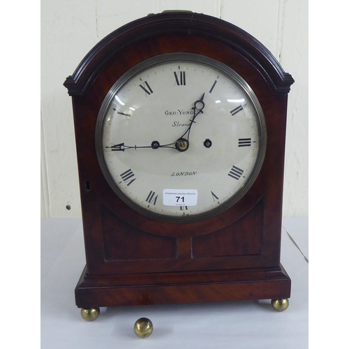 71 - A circa George III mahogany cased mantel clock; the chain driven bell strike movement faced by a Rom... 