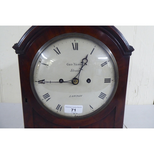 71 - A circa George III mahogany cased mantel clock; the chain driven bell strike movement faced by a Rom... 