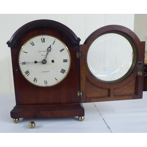 71 - A circa George III mahogany cased mantel clock; the chain driven bell strike movement faced by a Rom... 