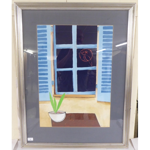 8 - Humphreys - a view of a window with shutters  mixed media  bears a signature & dated '85  19