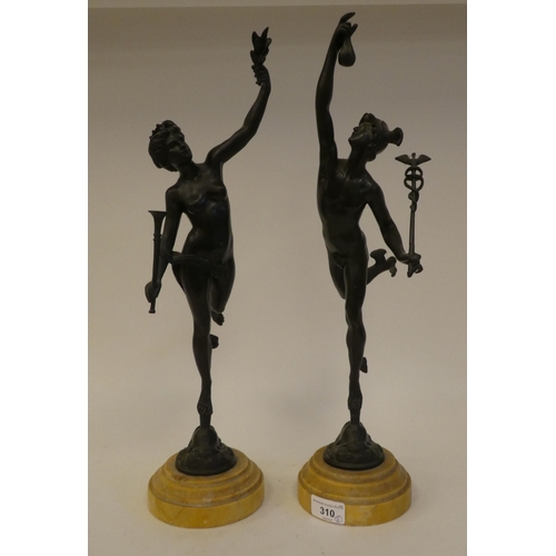 310 - A pair of late 19thC bronze studies, two classical figures, on marble plinths  18