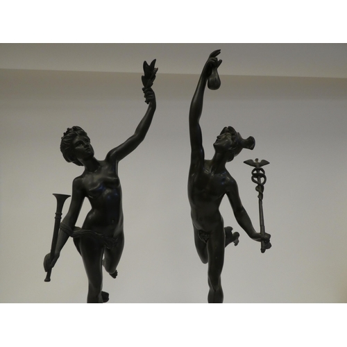 310 - A pair of late 19thC bronze studies, two classical figures, on marble plinths  18