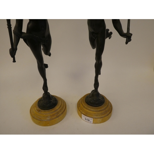 310 - A pair of late 19thC bronze studies, two classical figures, on marble plinths  18