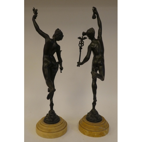 310 - A pair of late 19thC bronze studies, two classical figures, on marble plinths  18